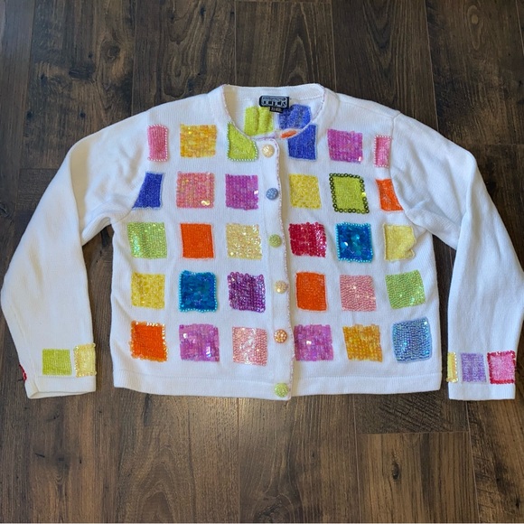 berek Sweaters - Vintage Patchwork Square Cardigan Sweater by Berek Sequin Beaded Multi Color